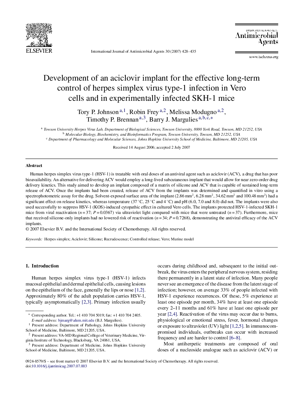 Development of an aciclovir implant for the effective long-term control of herpes simplex virus type-1 infection in Vero cells and in experimentally infected SKH-1 mice