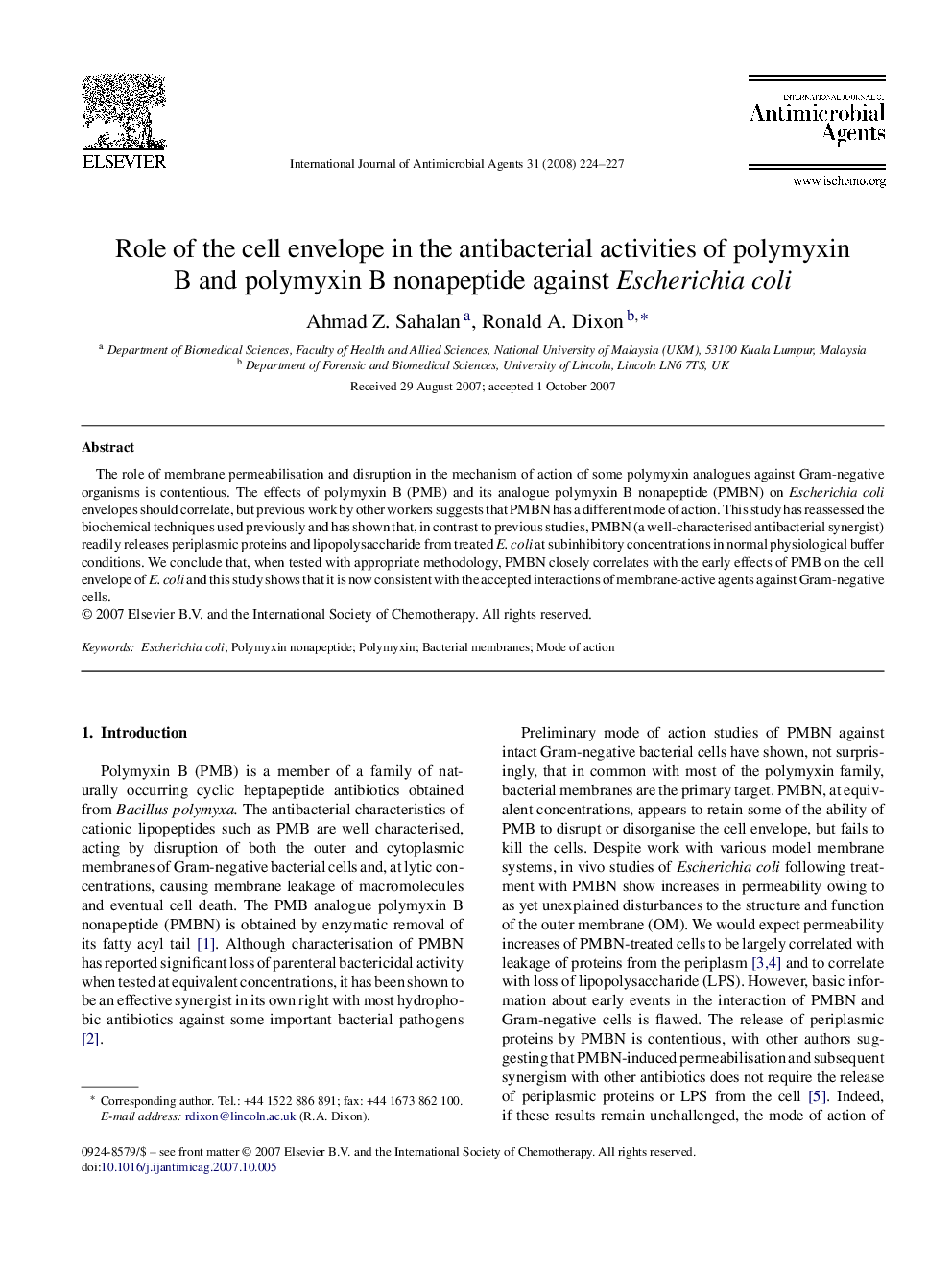 Role of the cell envelope in the antibacterial activities of polymyxin B and polymyxin B nonapeptide against Escherichia coli