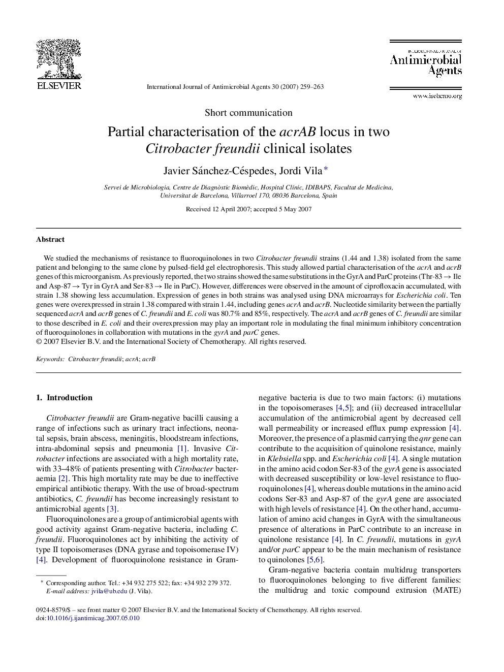 عکس صفحه اول مقاله: Partial characterisation of the acrAB locus in two Citrobacter freundii clinical isolates Partial characterisation of the acrAB locus in two Citrobacter freundii clinical isolates