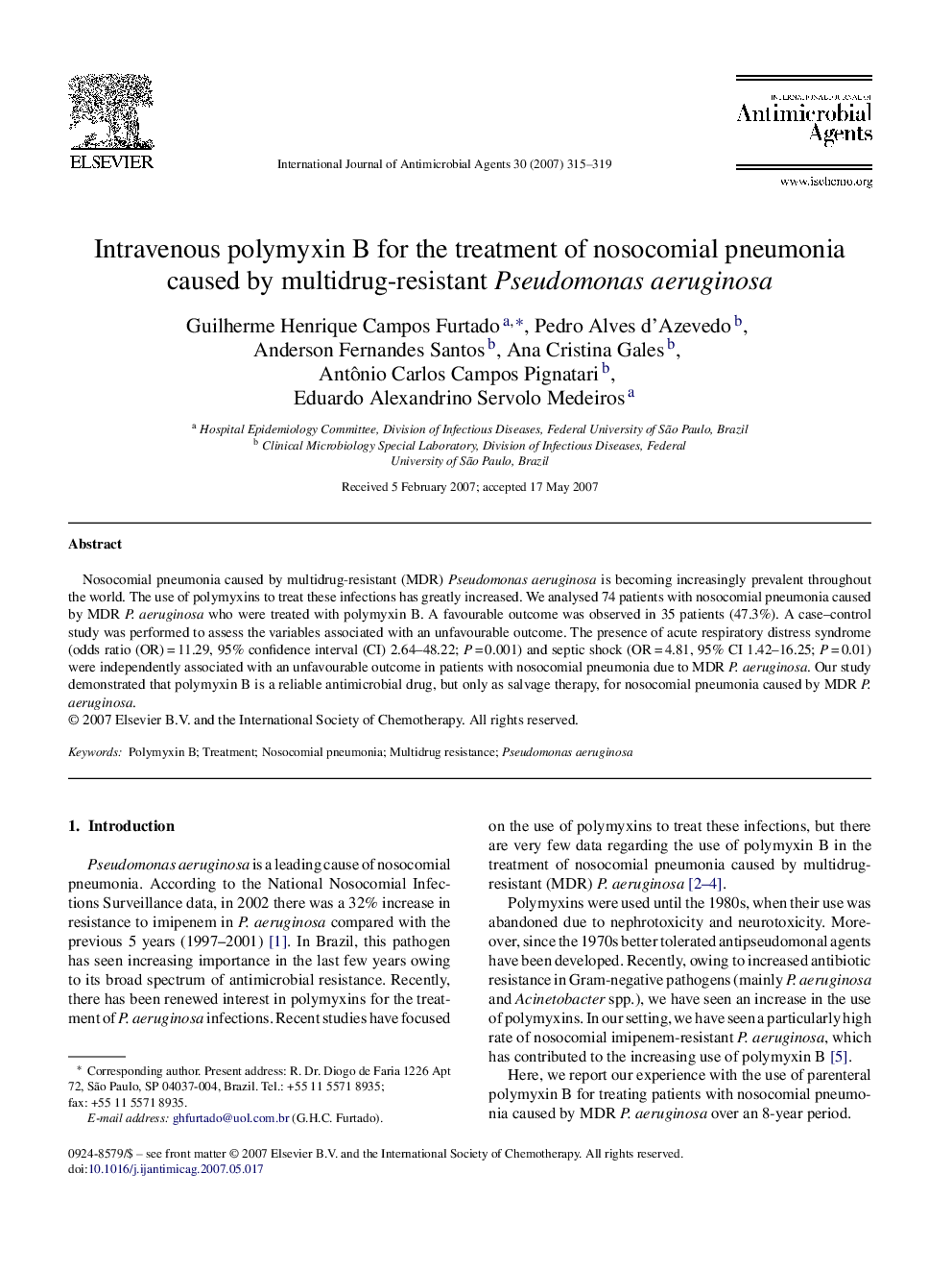 Intravenous polymyxin B for the treatment of nosocomial pneumonia caused by multidrug-resistant Pseudomonas aeruginosa