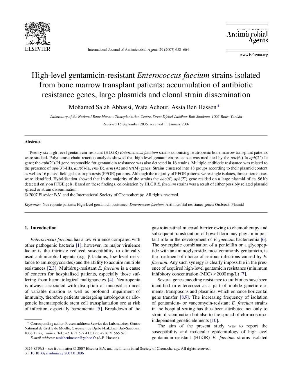 High-level gentamicin-resistant Enterococcus faecium strains isolated from bone marrow transplant patients: accumulation of antibiotic resistance genes, large plasmids and clonal strain dissemination