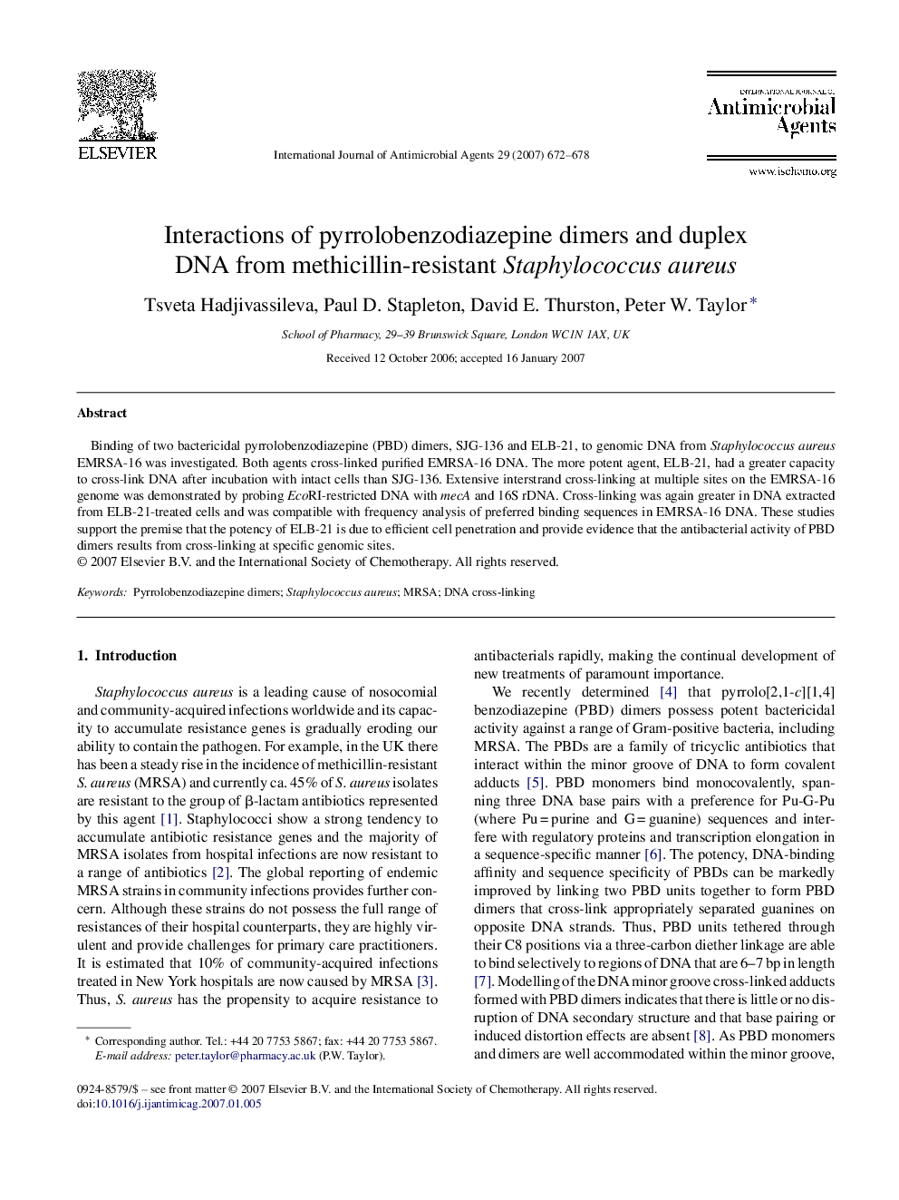 Interactions of pyrrolobenzodiazepine dimers and duplex DNA from methicillin-resistant Staphylococcus aureus