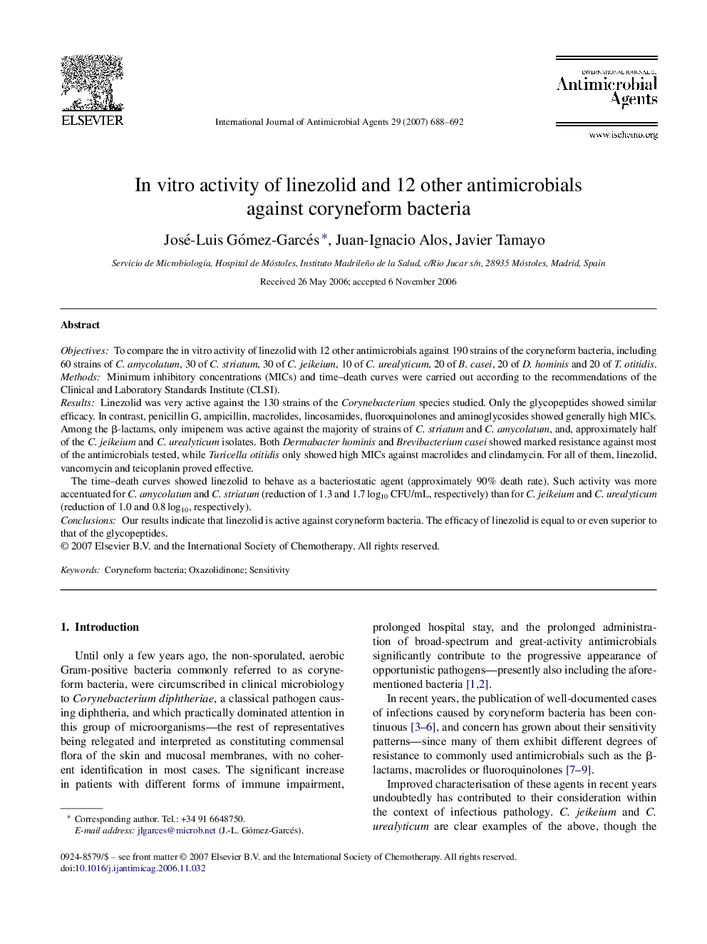 In vitro activity of linezolid and 12 other antimicrobials against coryneform bacteria