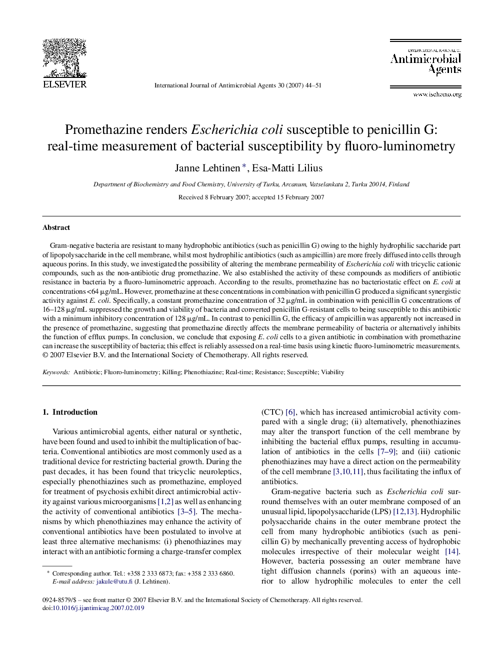 Promethazine renders Escherichia coli susceptible to penicillin G: real-time measurement of bacterial susceptibility by fluoro-luminometry