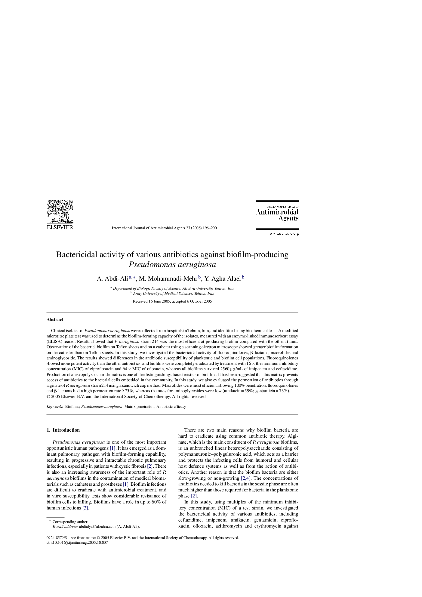 Bactericidal activity of various antibiotics against biofilm-producing Pseudomonas aeruginosa