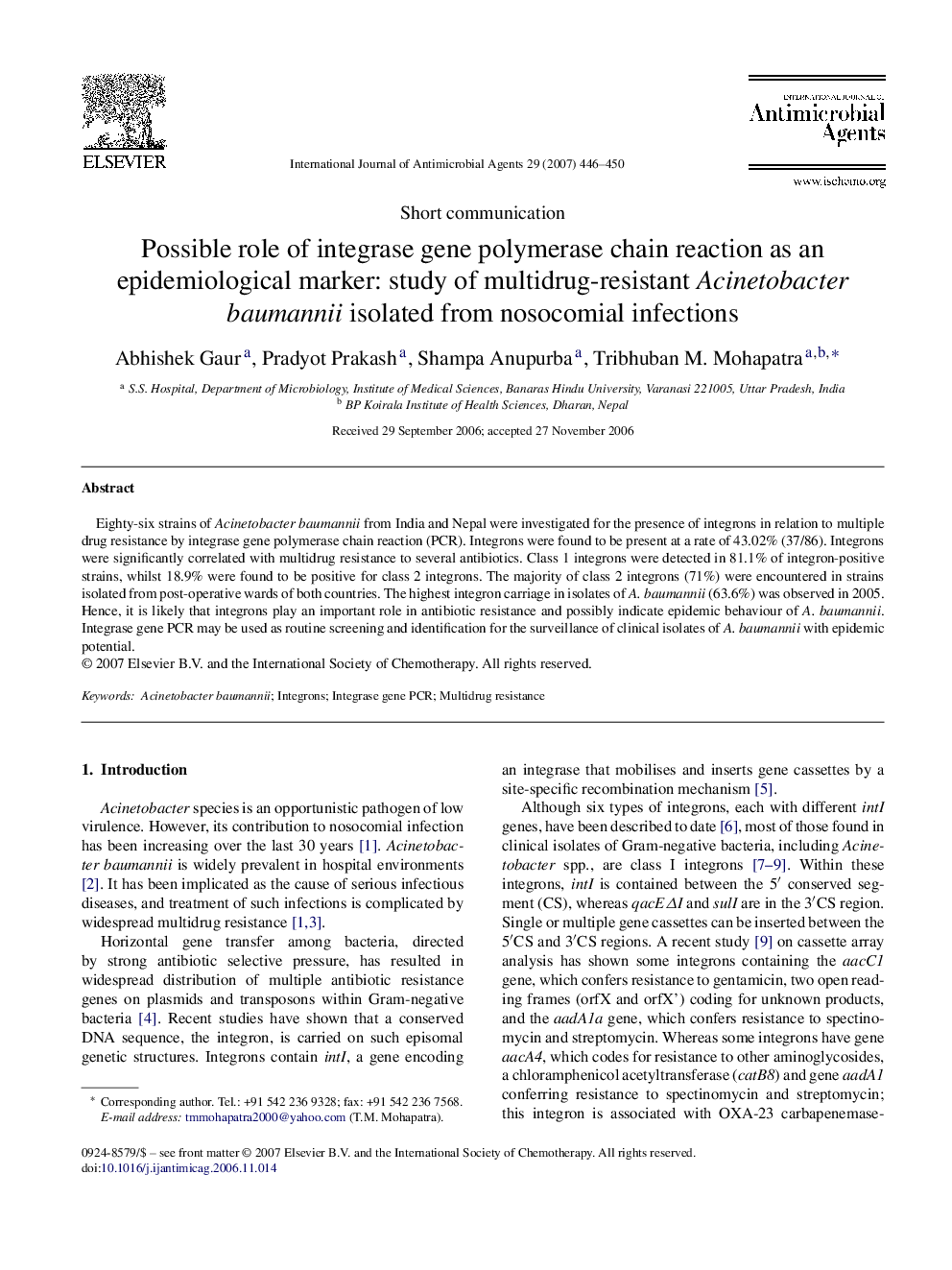 Possible role of integrase gene polymerase chain reaction as an epidemiological marker: study of multidrug-resistant Acinetobacter baumannii isolated from nosocomial infections