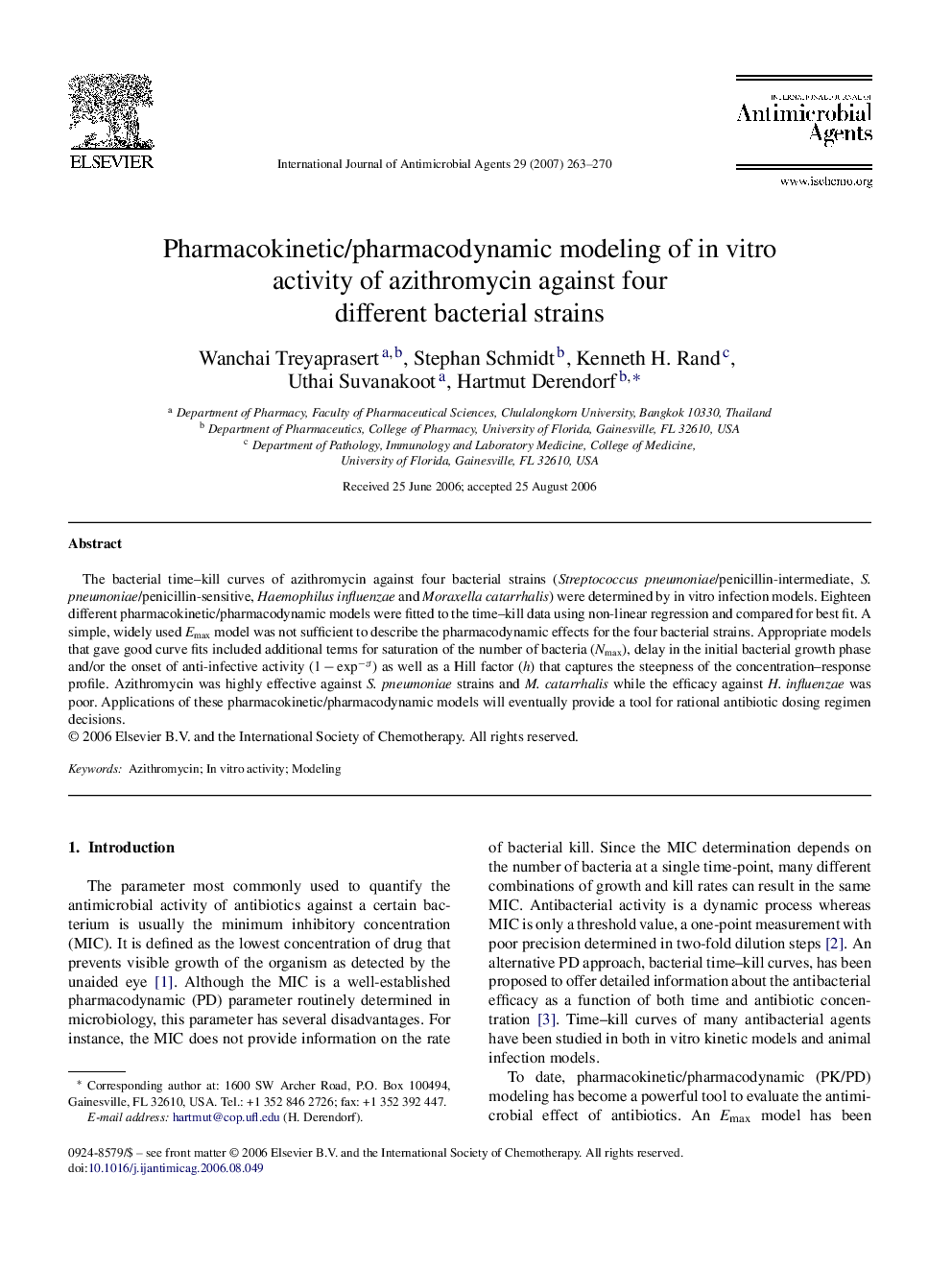 Pharmacokinetic/pharmacodynamic modeling of in vitro activity of azithromycin against four different bacterial strains