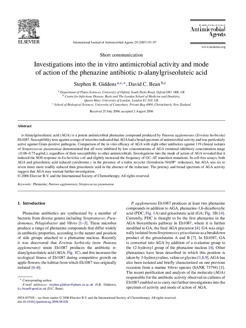 Investigations into the in vitro antimicrobial activity and mode of action of the phenazine antibiotic d-alanylgriseoluteic acid