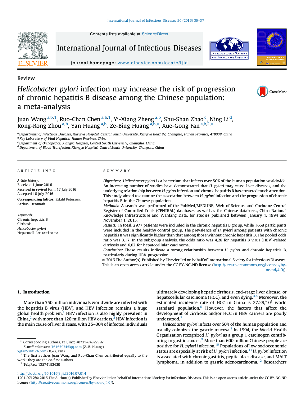 Helicobacter pylori infection may increase the risk of progression of chronic hepatitis B disease among the Chinese population: a meta-analysis