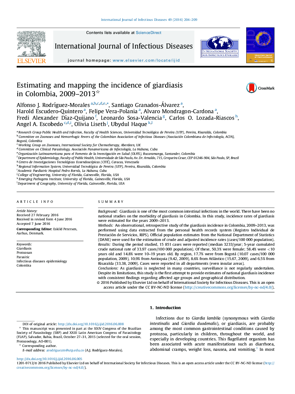 Estimating and mapping the incidence of giardiasis in Colombia, 2009–2013 