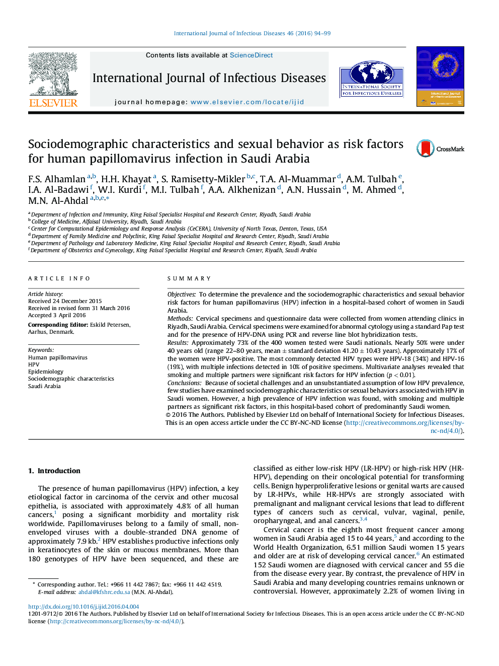 Sociodemographic characteristics and sexual behavior as risk factors for human papillomavirus infection in Saudi Arabia