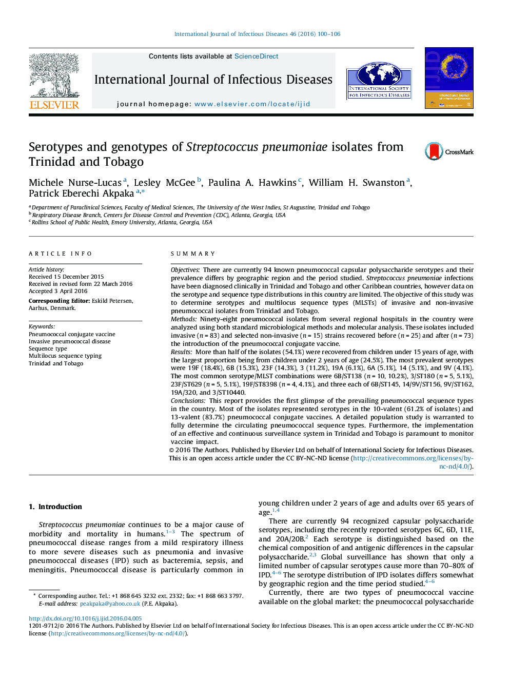 Serotypes and genotypes of Streptococcus pneumoniae isolates from Trinidad and Tobago