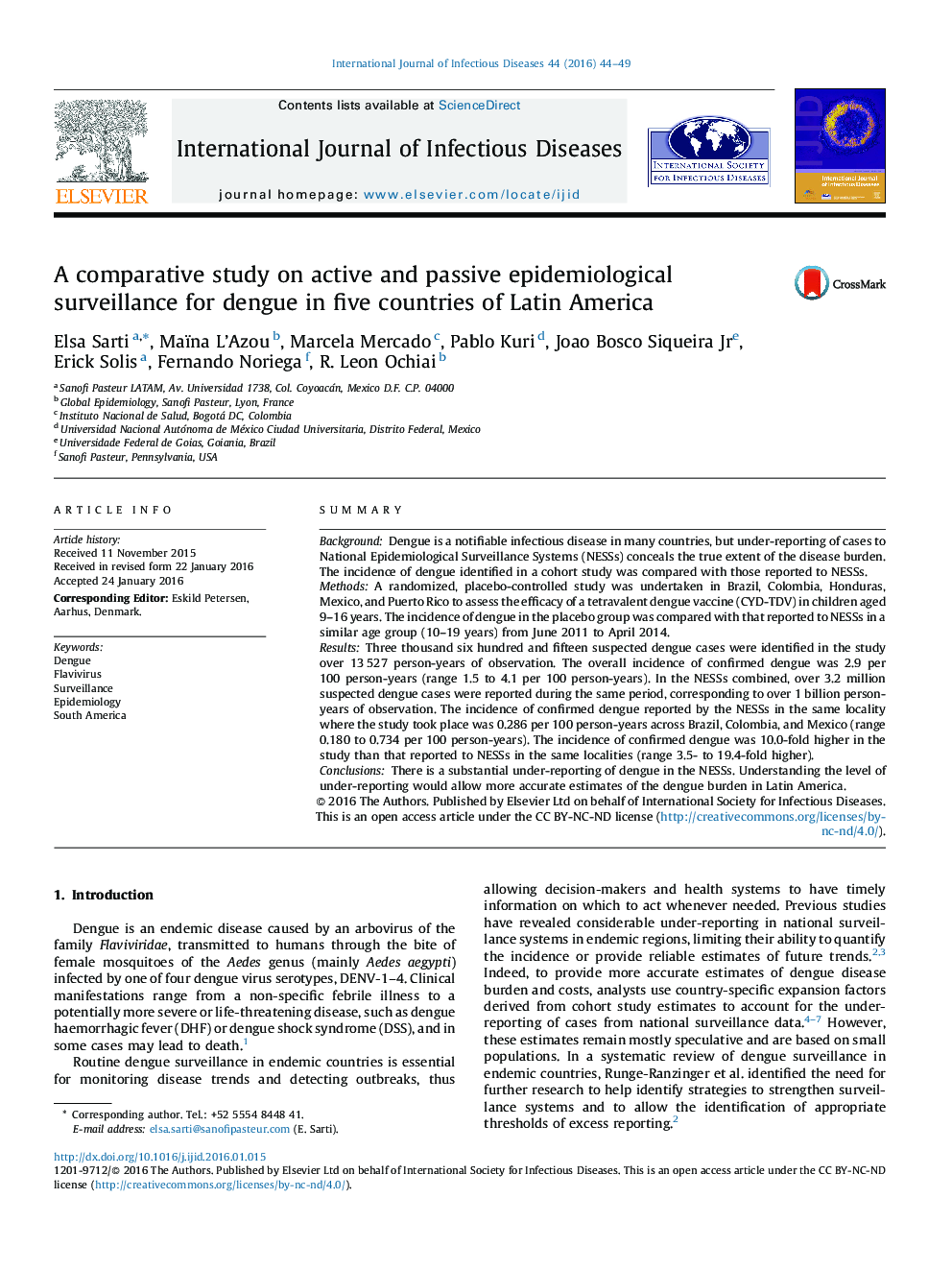 یک مطالعه مقایسه ای در مورد اپیدمیولوژیک فعال و غیر فعال برای دنگی در پنج کشور آمریکای لاتین 