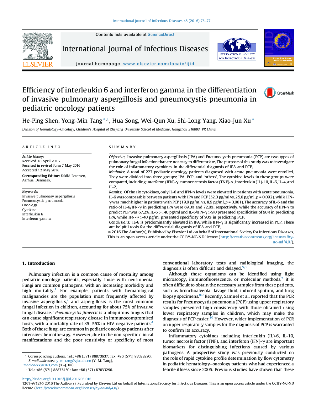 Efficiency of interleukin 6 and interferon gamma in the differentiation of invasive pulmonary aspergillosis and pneumocystis pneumonia in pediatric oncology patients