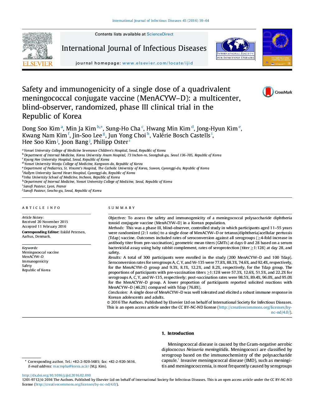 Safety and immunogenicity of a single dose of a quadrivalent meningococcal conjugate vaccine (MenACYW–D): a multicenter, blind-observer, randomized, phase III clinical trial in the Republic of Korea
