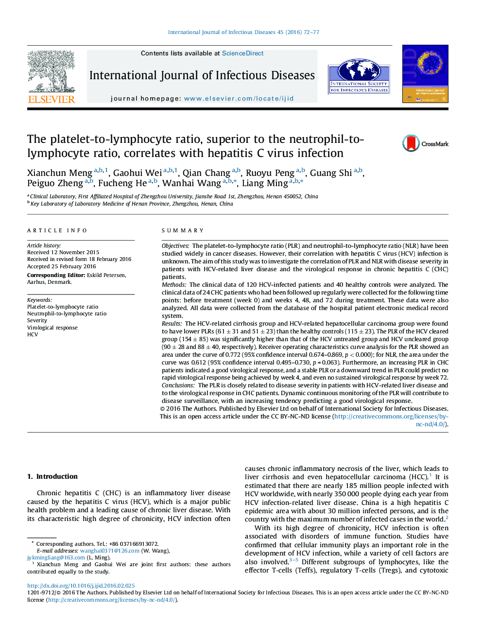 The platelet-to-lymphocyte ratio, superior to the neutrophil-to-lymphocyte ratio, correlates with hepatitis C virus infection