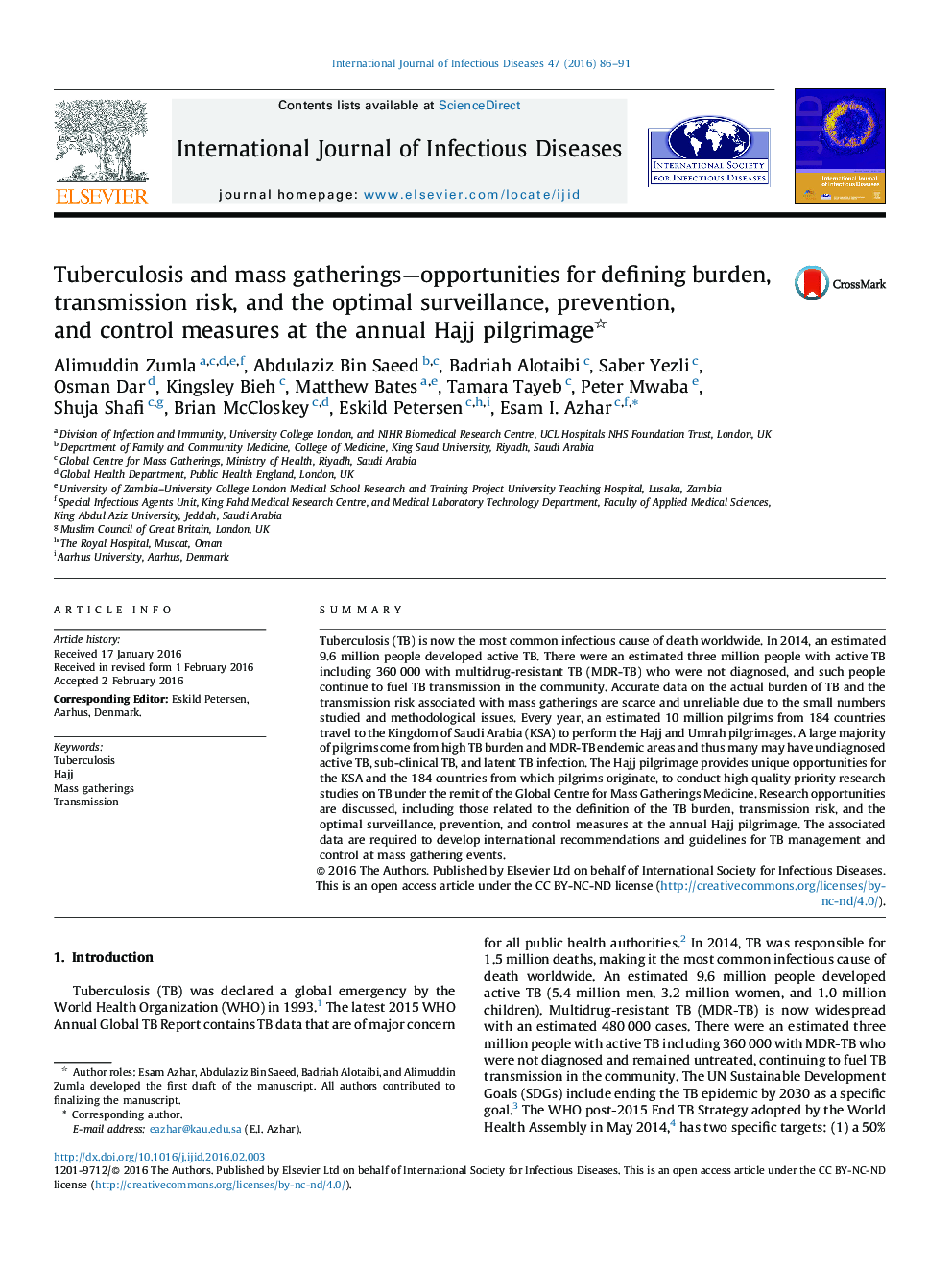 Tuberculosis and mass gatherings—opportunities for defining burden, transmission risk, and the optimal surveillance, prevention, and control measures at the annual Hajj pilgrimage 