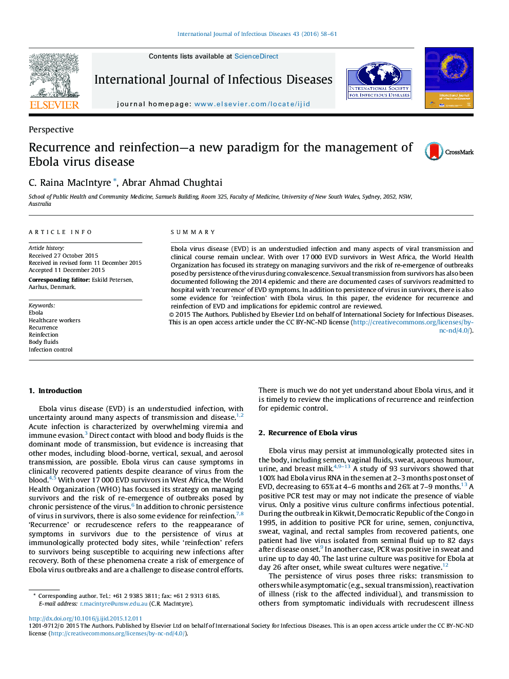 Recurrence and reinfection—a new paradigm for the management of Ebola virus disease