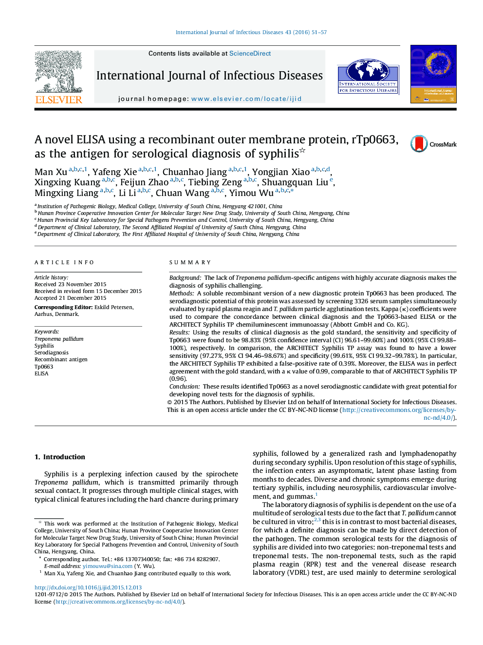 A novel ELISA using a recombinant outer membrane protein, rTp0663, as the antigen for serological diagnosis of syphilis 