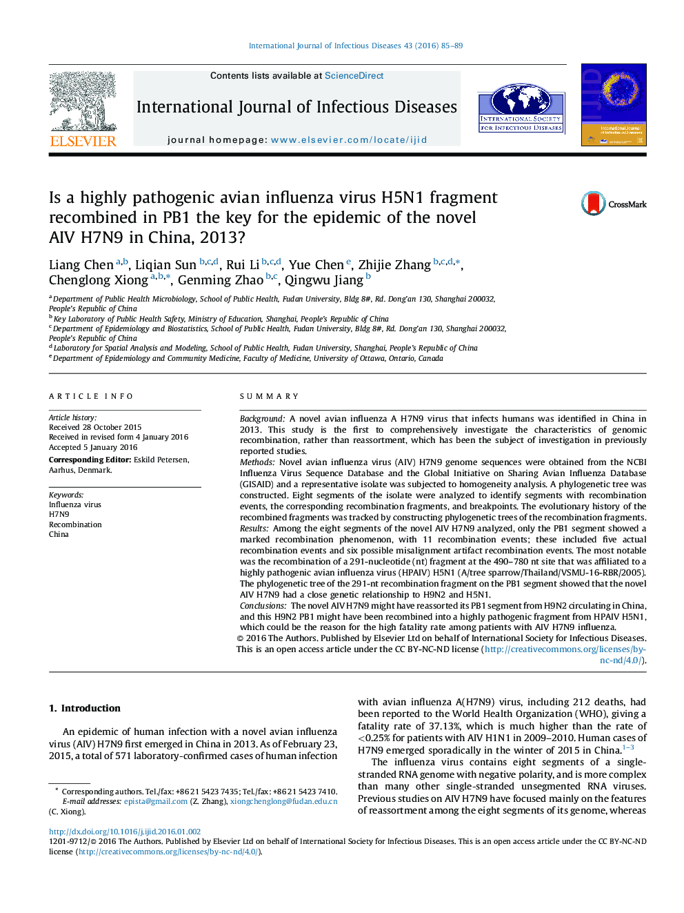 Is a highly pathogenic avian influenza virus H5N1 fragment recombined in PB1 the key for the epidemic of the novel AIV H7N9 in China, 2013?