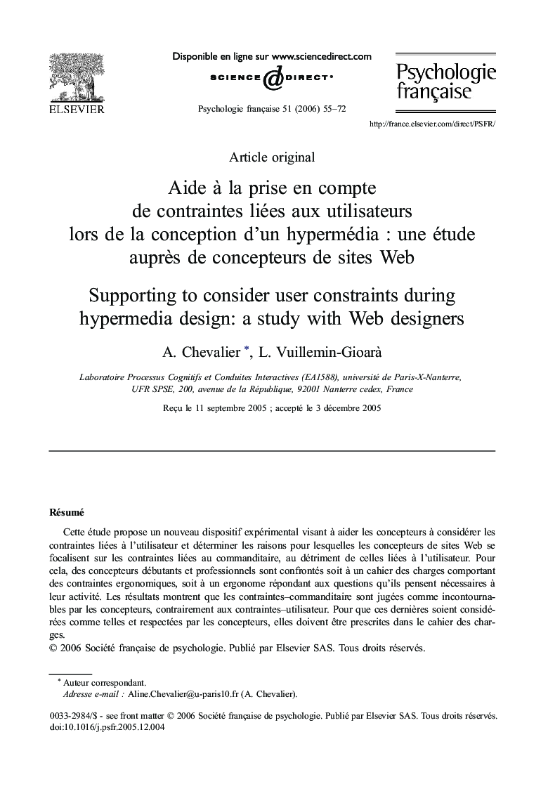 Aide à la prise en compte de contraintes liées aux utilisateurs lors de la conception d'un hypermédia : une étude auprès de concepteurs de sites Web