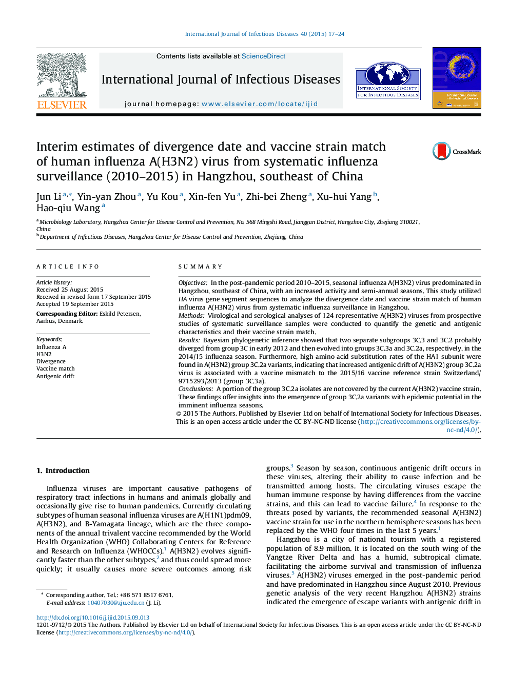 Interim estimates of divergence date and vaccine strain match of human influenza A(H3N2) virus from systematic influenza surveillance (2010–2015) in Hangzhou, southeast of China