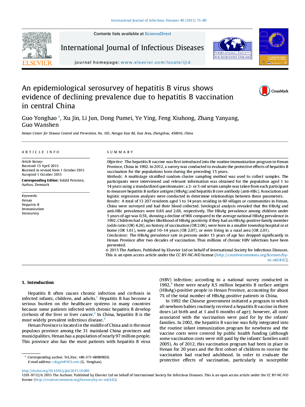 An epidemiological serosurvey of hepatitis B virus shows evidence of declining prevalence due to hepatitis B vaccination in central China