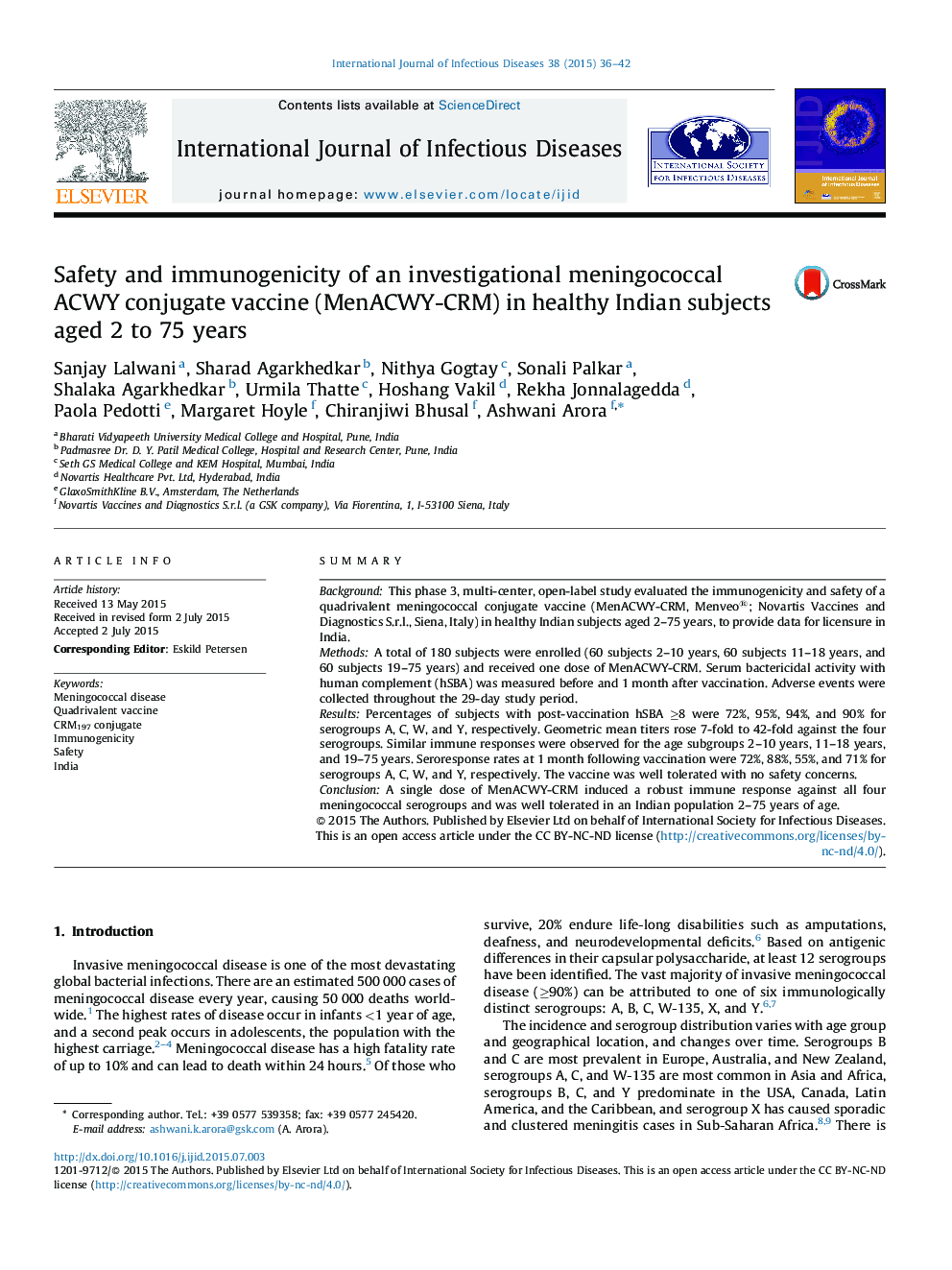 Safety and immunogenicity of an investigational meningococcal ACWY conjugate vaccine (MenACWY-CRM) in healthy Indian subjects aged 2 to 75 years