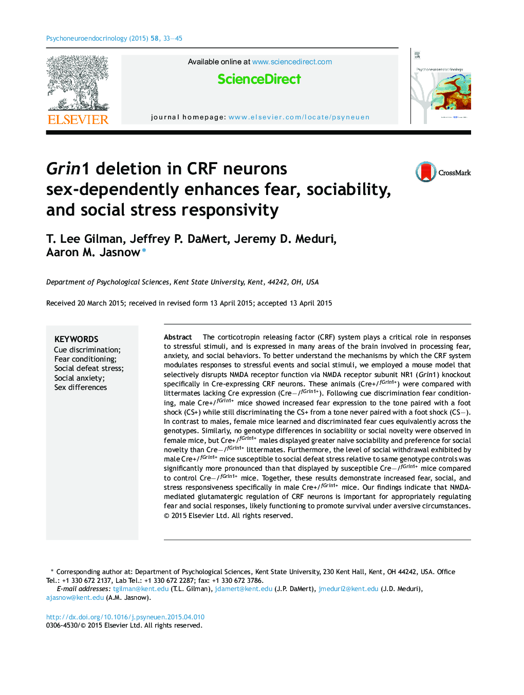 Grin1 deletion in CRF neurons sex-dependently enhances fear, sociability, and social stress responsivity