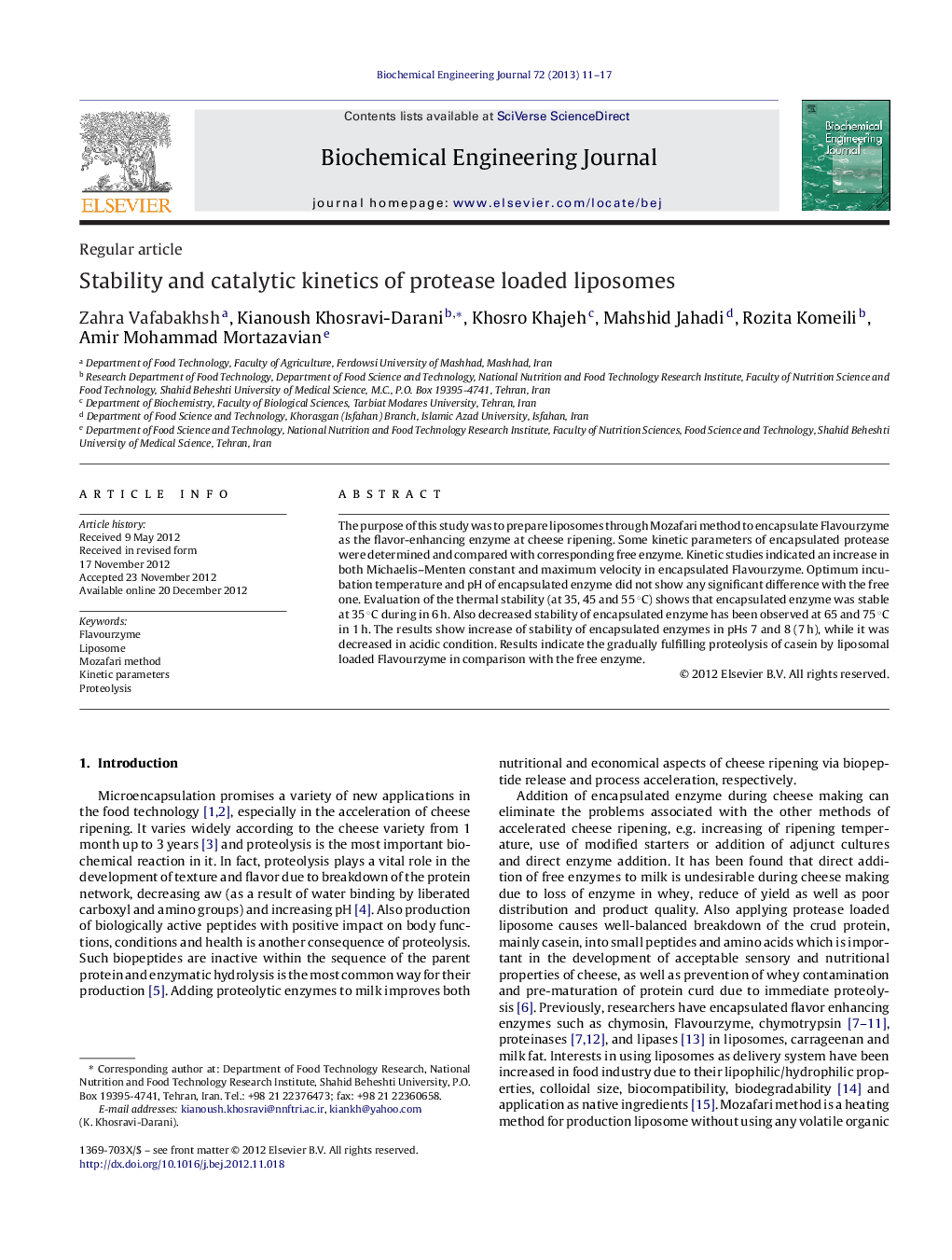 Stability and catalytic kinetics of protease loaded liposomes