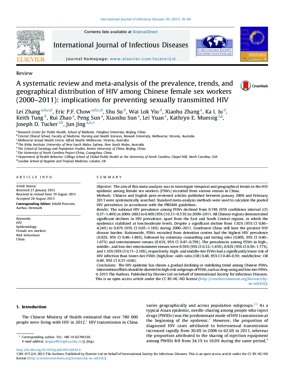 A systematic review and meta-analysis of the prevalence, trends, and geographical distribution of HIV among Chinese female sex workers (2000–2011): implications for preventing sexually transmitted HIV