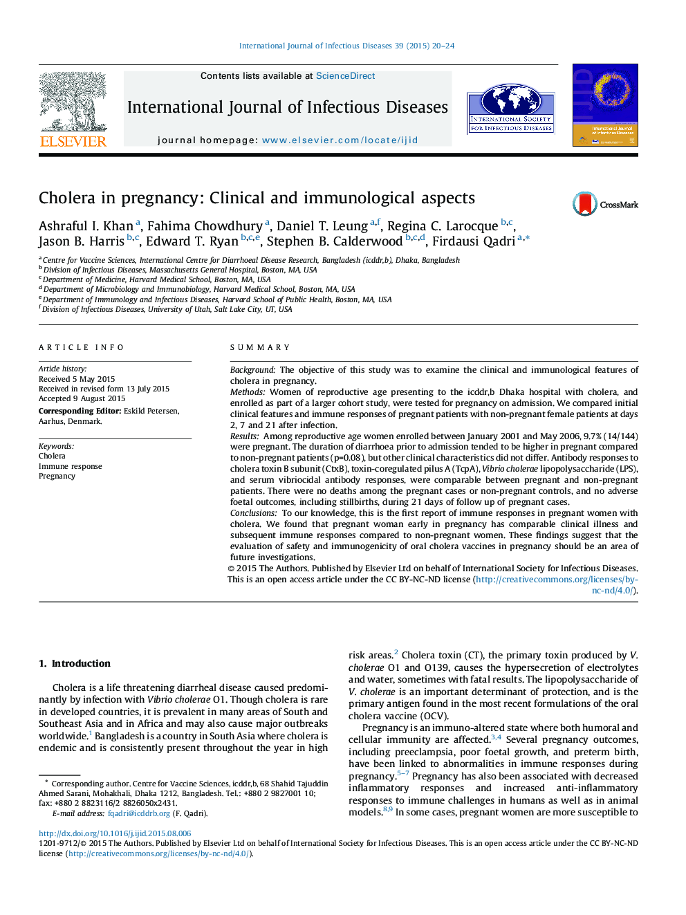 Cholera in pregnancy: Clinical and immunological aspects