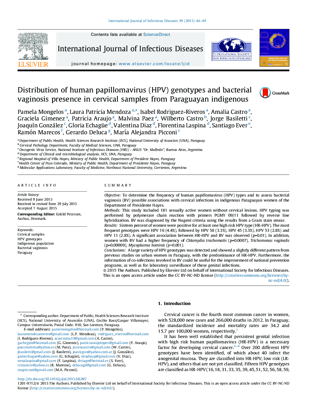 Distribution of human papillomavirus (HPV) genotypes and bacterial vaginosis presence in cervical samples from Paraguayan indigenous