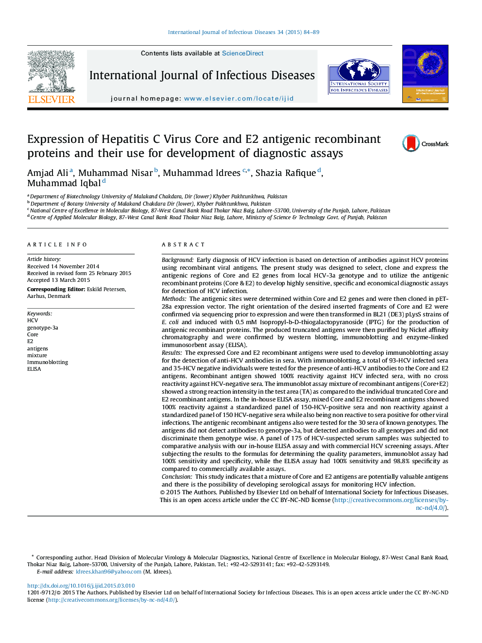 Expression of Hepatitis C Virus Core and E2 antigenic recombinant proteins and their use for development of diagnostic assays