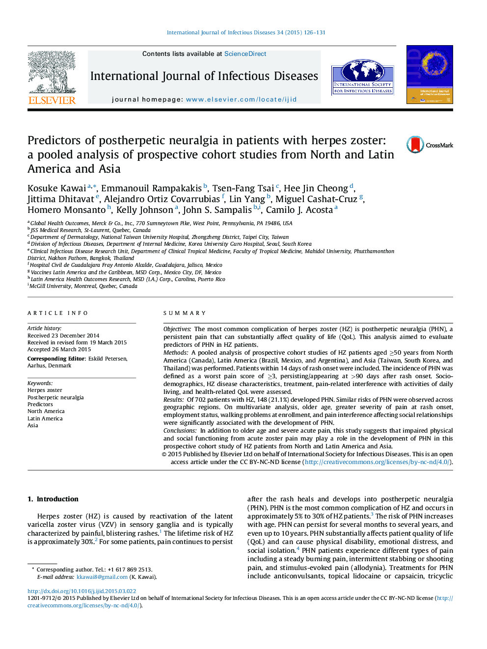 Predictors of postherpetic neuralgia in patients with herpes zoster: a pooled analysis of prospective cohort studies from North and Latin America and Asia