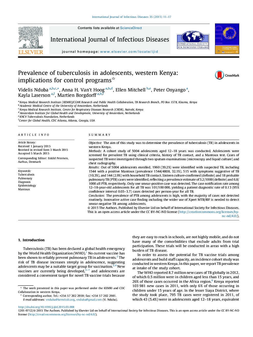 Prevalence of tuberculosis in adolescents, western Kenya: implications for control programs 