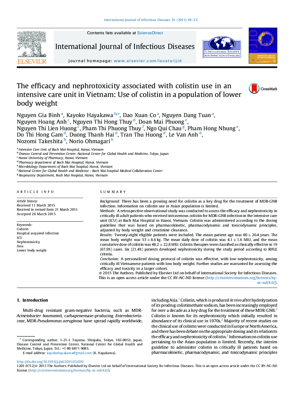 The efficacy and nephrotoxicity associated with colistin use in an intensive care unit in Vietnam: Use of colistin in a population of lower body weight