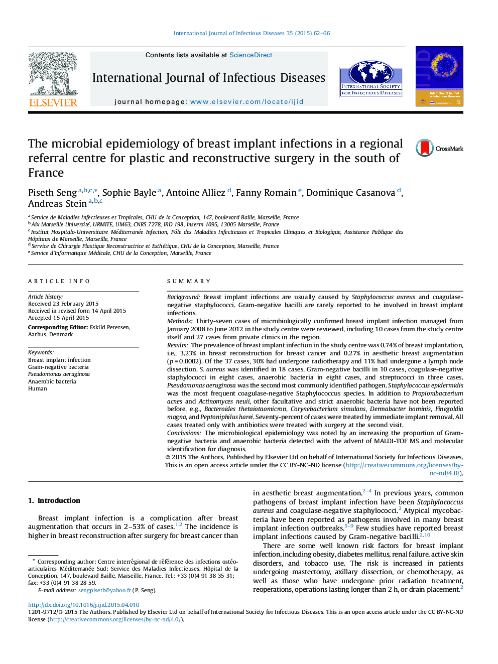 The microbial epidemiology of breast implant infections in a regional referral centre for plastic and reconstructive surgery in the south of France