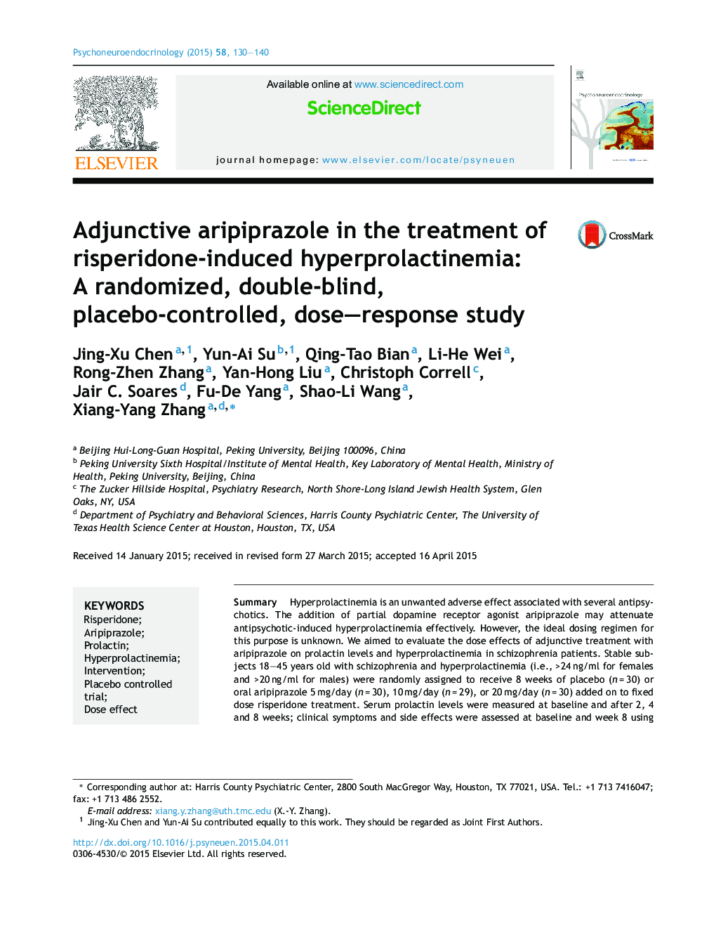 Adjunctive aripiprazole in the treatment of risperidone-induced hyperprolactinemia: A randomized, double-blind, placebo-controlled, dose–response study