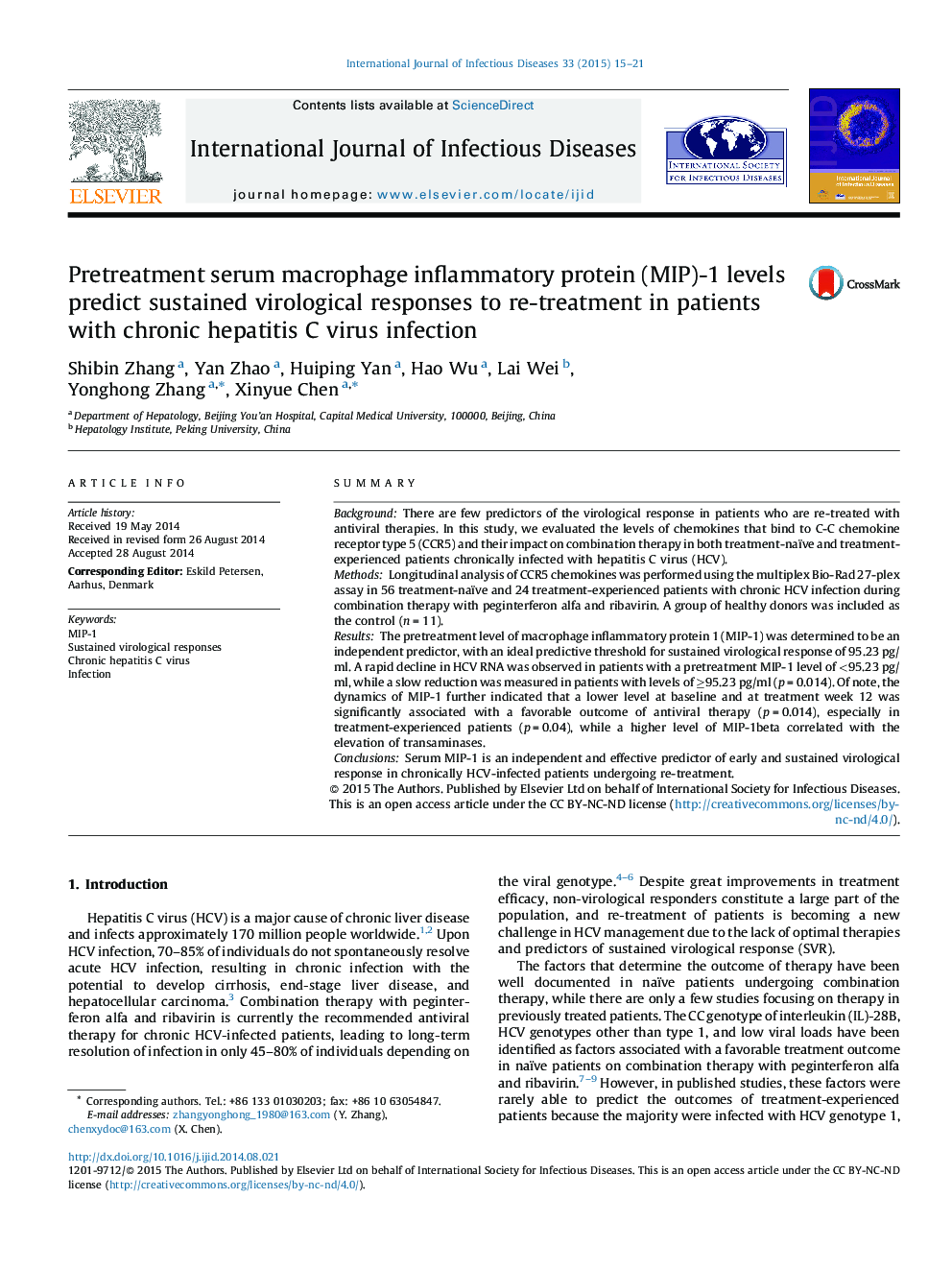 Pretreatment serum macrophage inflammatory protein (MIP)-1 levels predict sustained virological responses to re-treatment in patients with chronic hepatitis C virus infection