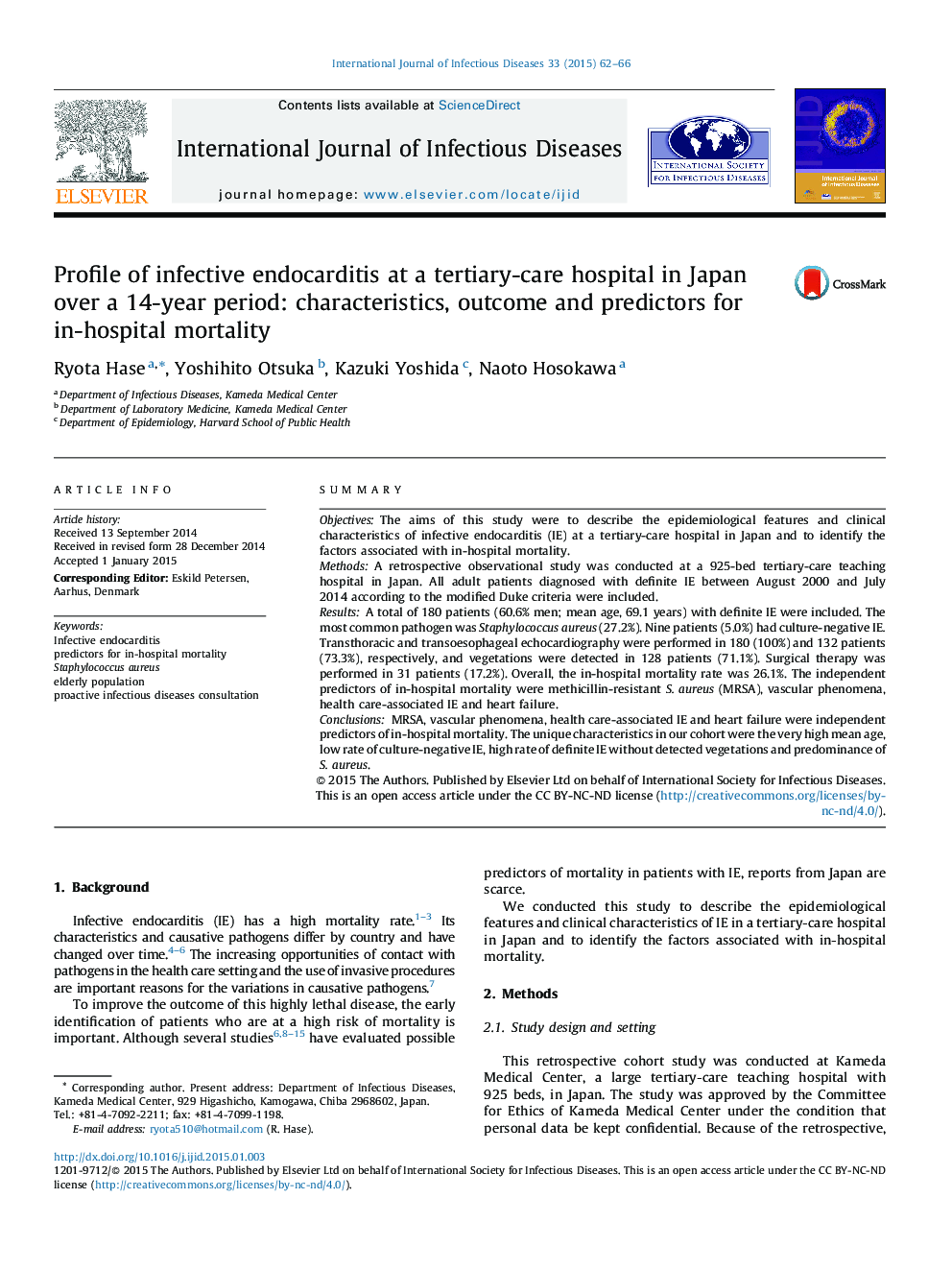 Profile of infective endocarditis at a tertiary-care hospital in Japan over a 14-year period: characteristics, outcome and predictors for in-hospital mortality