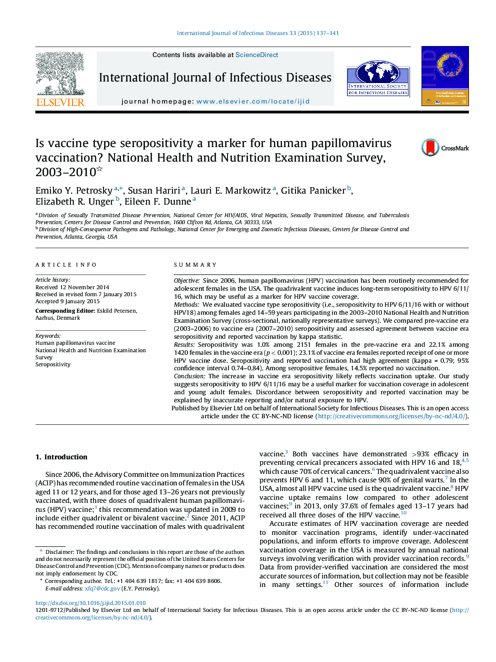 Is vaccine type seropositivity a marker for human papillomavirus vaccination? National Health and Nutrition Examination Survey, 2003–2010 