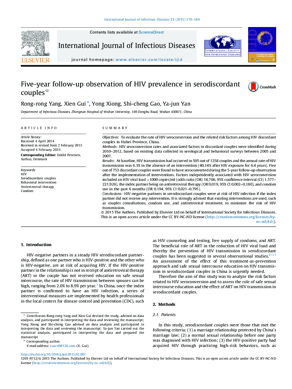 Five-year follow-up observation of HIV prevalence in serodiscordant couples 