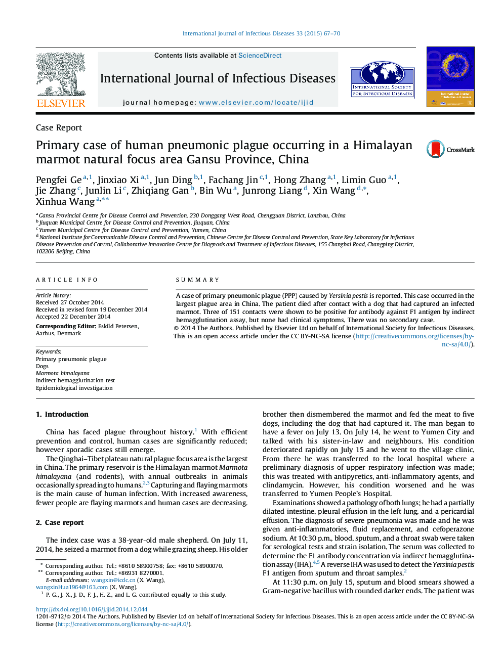 Primary case of human pneumonic plague occurring in a Himalayan marmot natural focus area Gansu Province, China