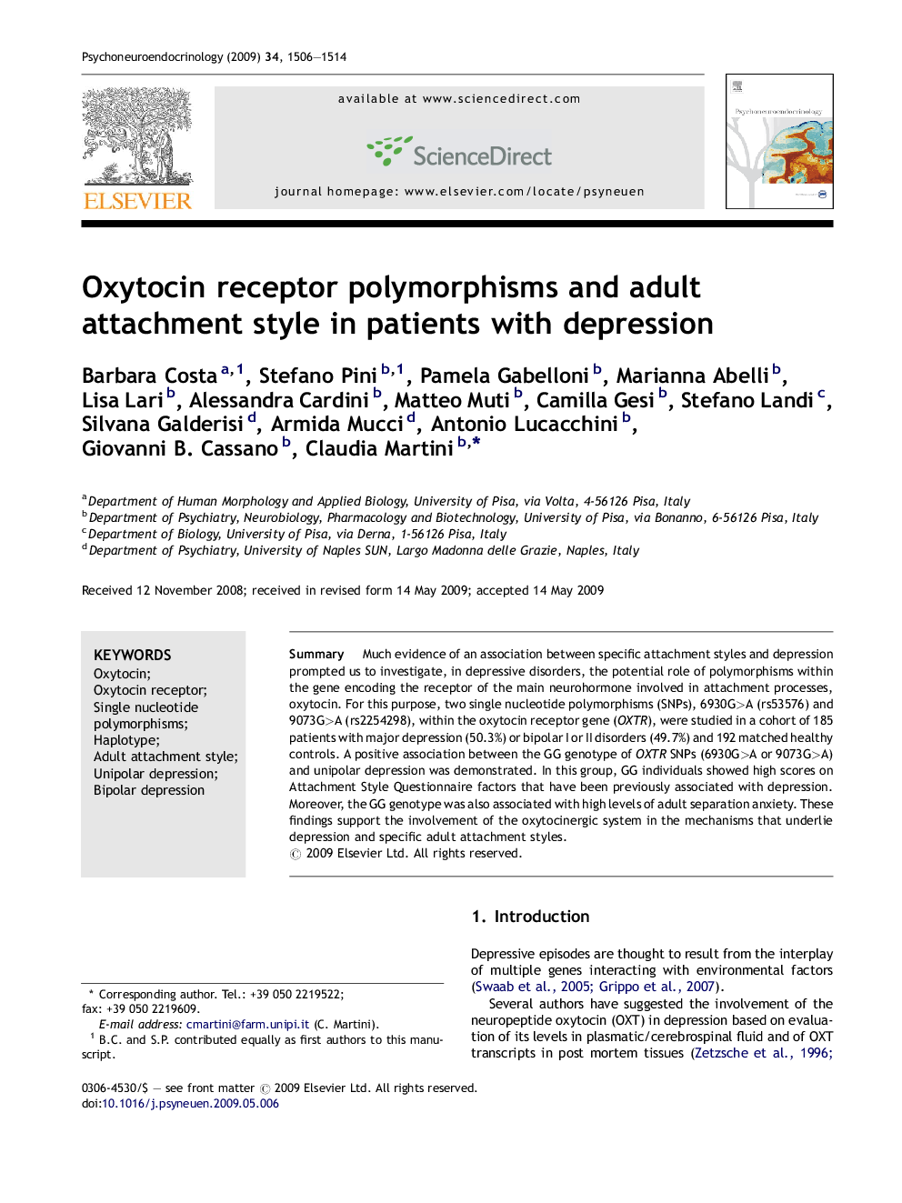 عکس صفحه اول مقاله: Oxytocin receptor polymorphisms and adult attachment style in patients with depression Oxytocin receptor polymorphisms and adult attachment style in patients with depression