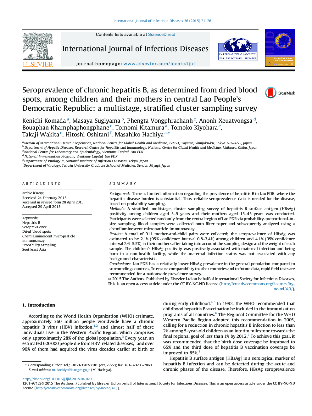 Seroprevalence of chronic hepatitis B, as determined from dried blood spots, among children and their mothers in central Lao People's Democratic Republic: a multistage, stratified cluster sampling survey