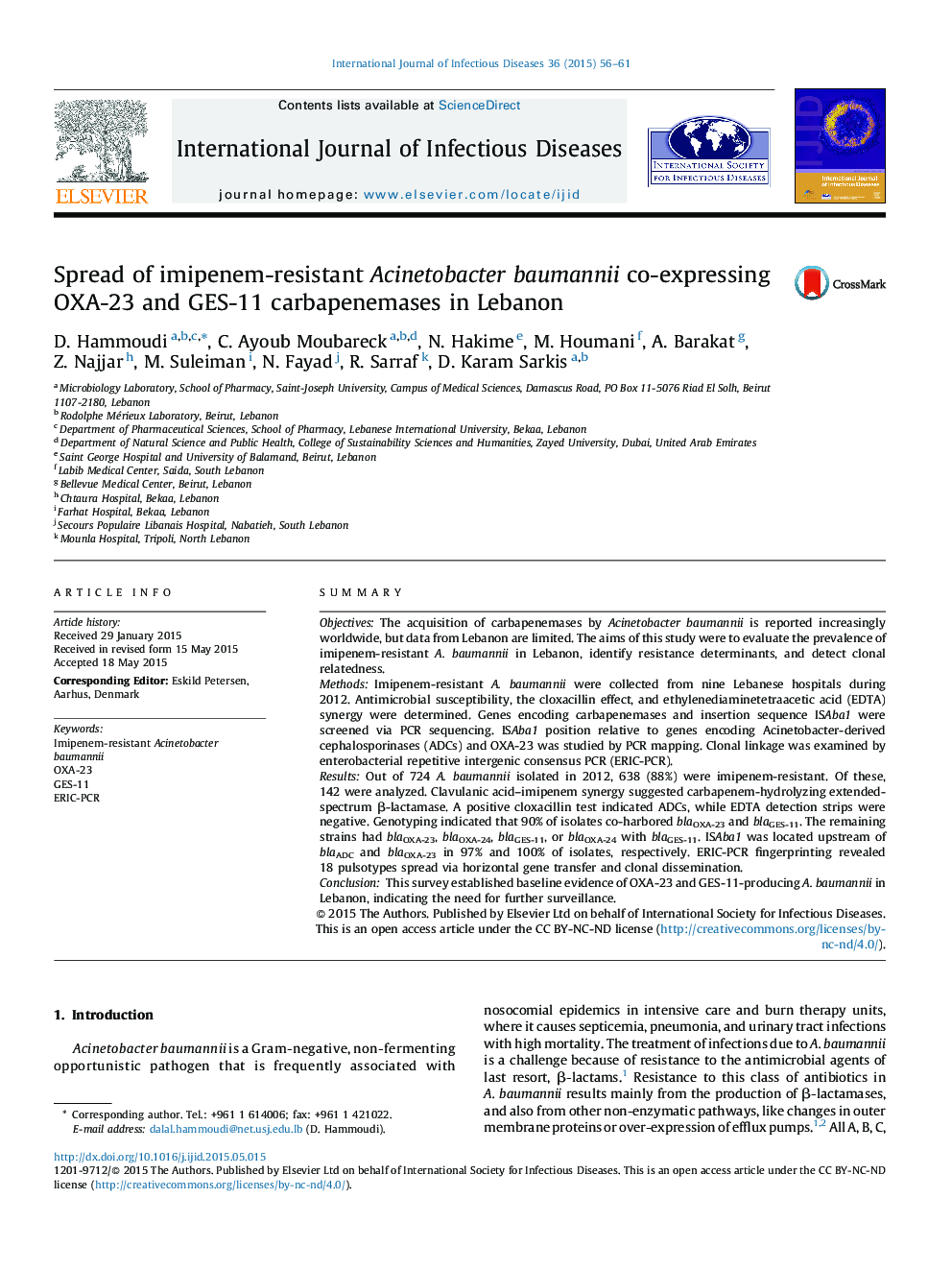 Spread of imipenem-resistant Acinetobacter baumannii co-expressing OXA-23 and GES-11 carbapenemases in Lebanon
