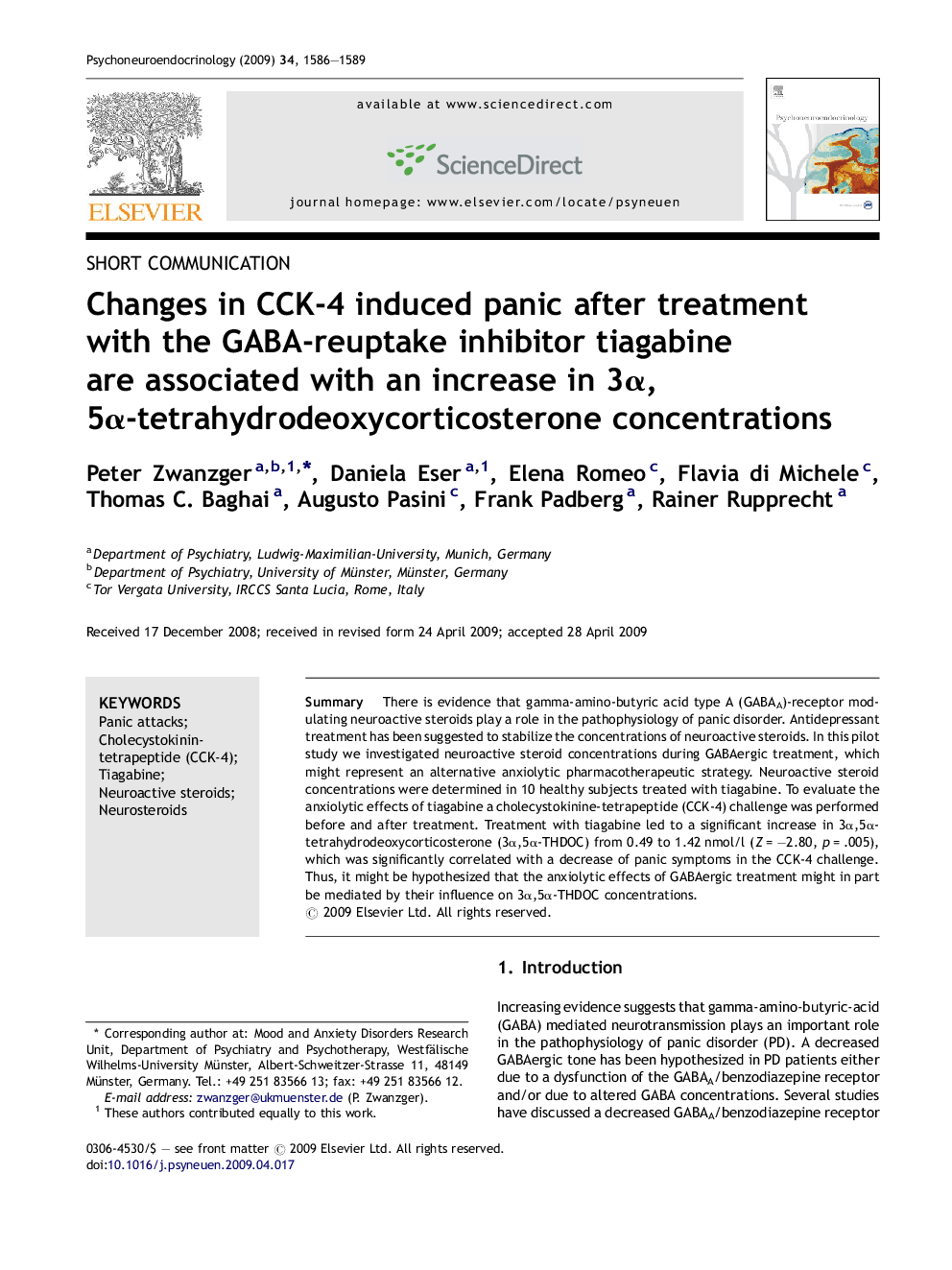 Changes in CCK-4 induced panic after treatment with the GABA-reuptake inhibitor tiagabine are associated with an increase in 3α,5α-tetrahydrodeoxycorticosterone concentrations