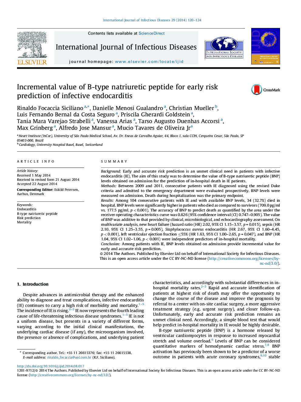 Incremental value of B-type natriuretic peptide for early risk prediction of infective endocarditis