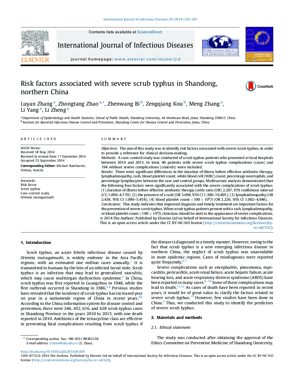 Risk factors associated with severe scrub typhus in Shandong, northern China